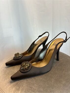 Stuart Weitzman brown satin slingback pumps crystal embellishments pointed toe